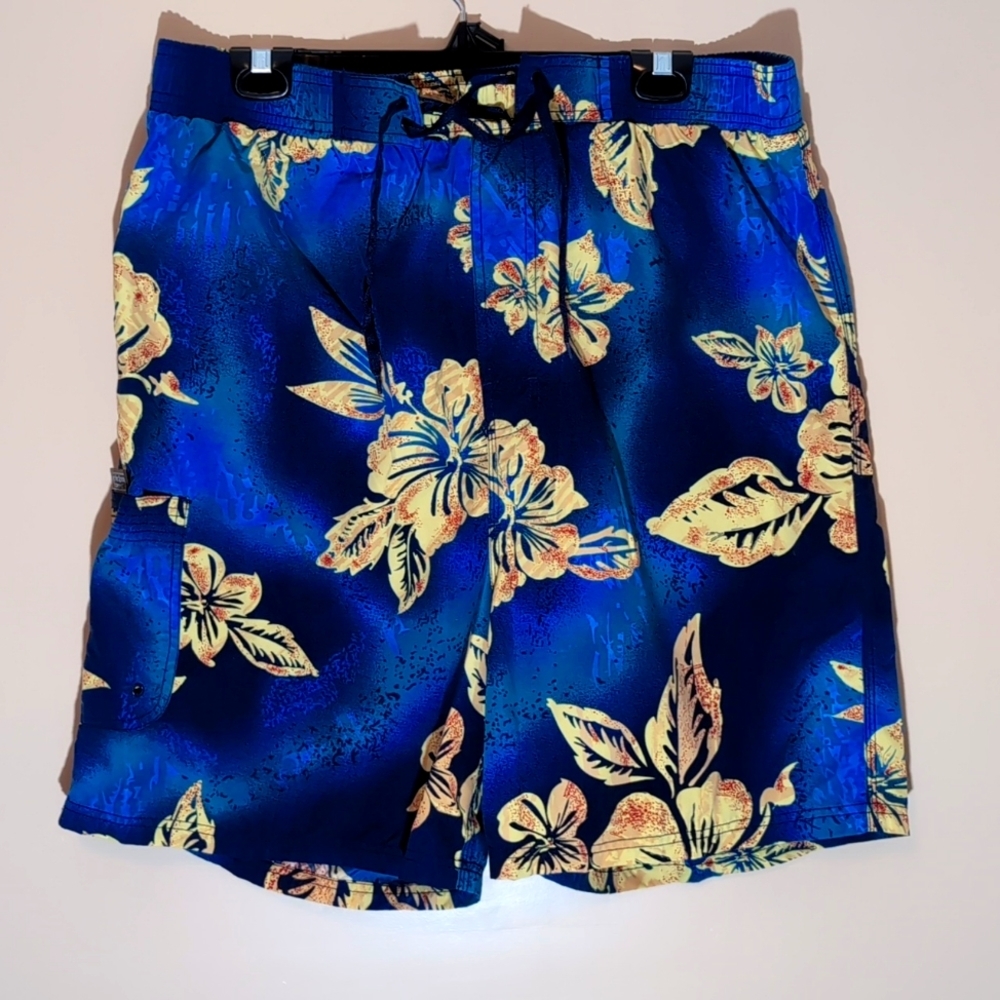 Gotcha Sport| Blue Swim Shorts Yellow Floral Hawaiian Pattern Inner Mesh linning